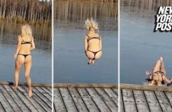 Blonde Bikini Babe Bounces Off Frozen Lake in Russia